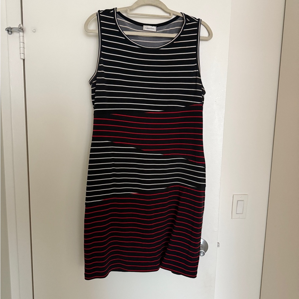 Calvin Klein Black and Red Striped knee length dress